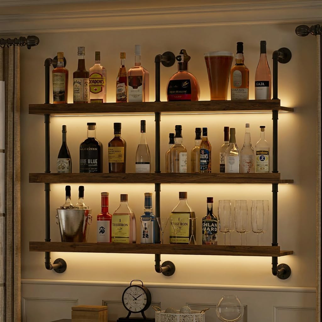 Home Bar Shelf - Duvara Monte LED Işıklı Üç Katmanlı